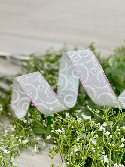 1.5 Inch By 10 Yard White/Iridescent Scroll Ribbon