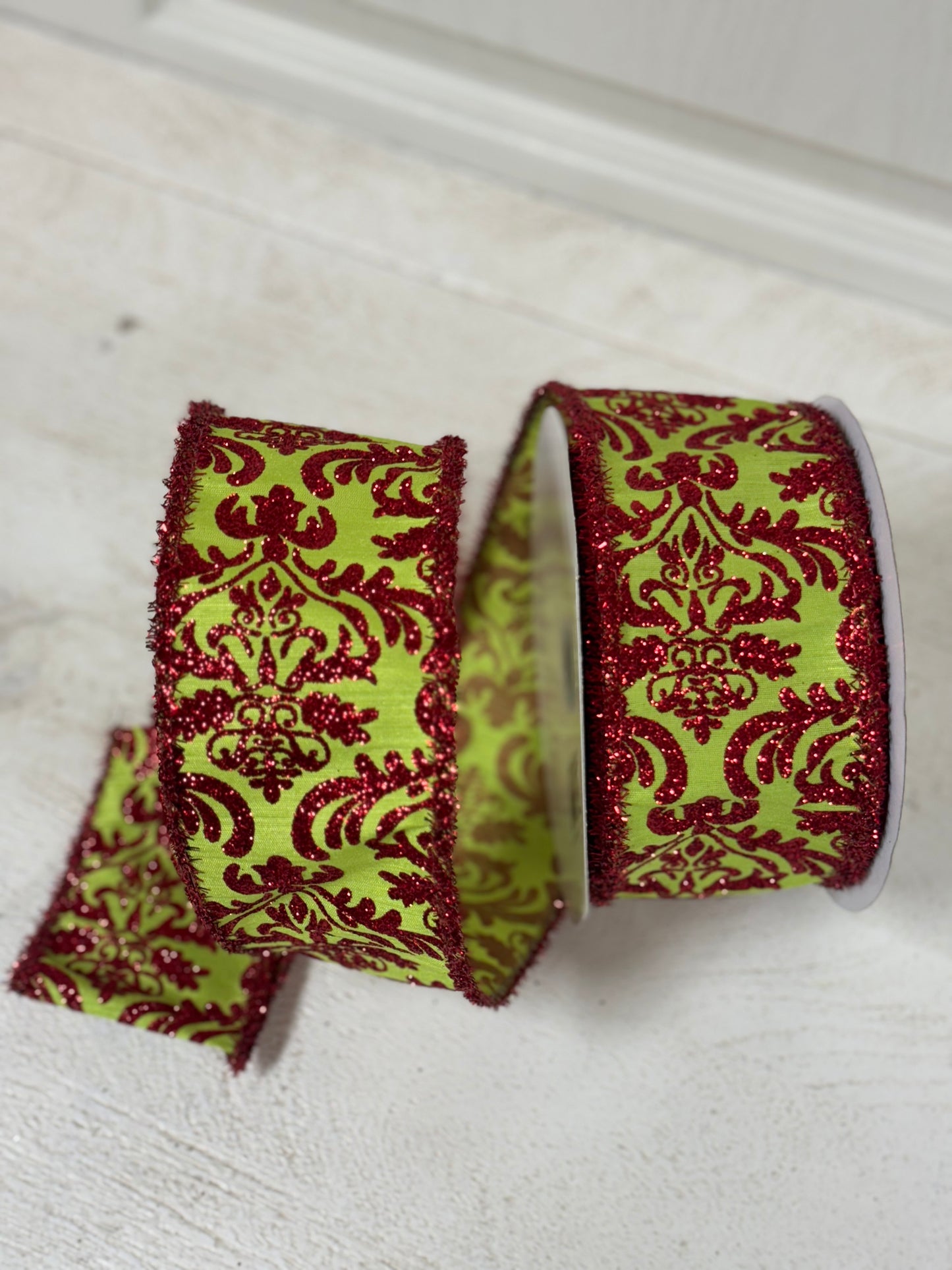 2.5 Inch By 10 Yard Spring Green And Red Damask Ribbon With Red Tinsel Edging