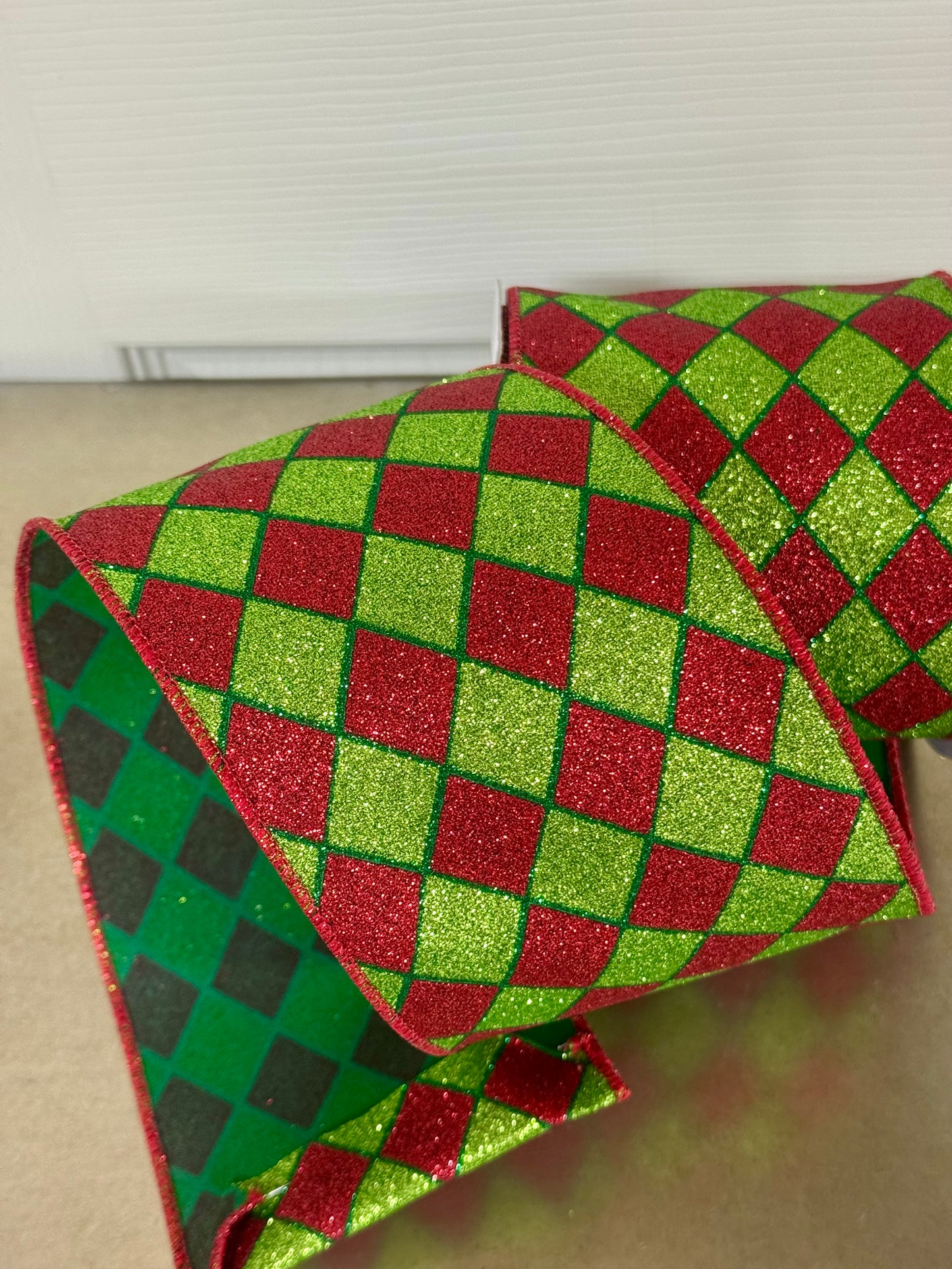 4 Inch By 10 Yard Red And Lime Glitter Harlequin Ribbon