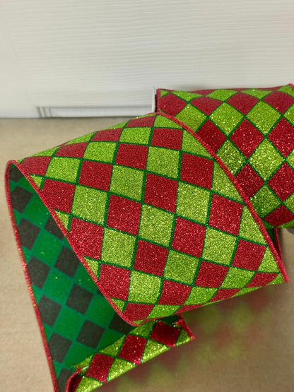 4 Inch By 10 Yard Red And Lime Glitter Harlequin Ribbon