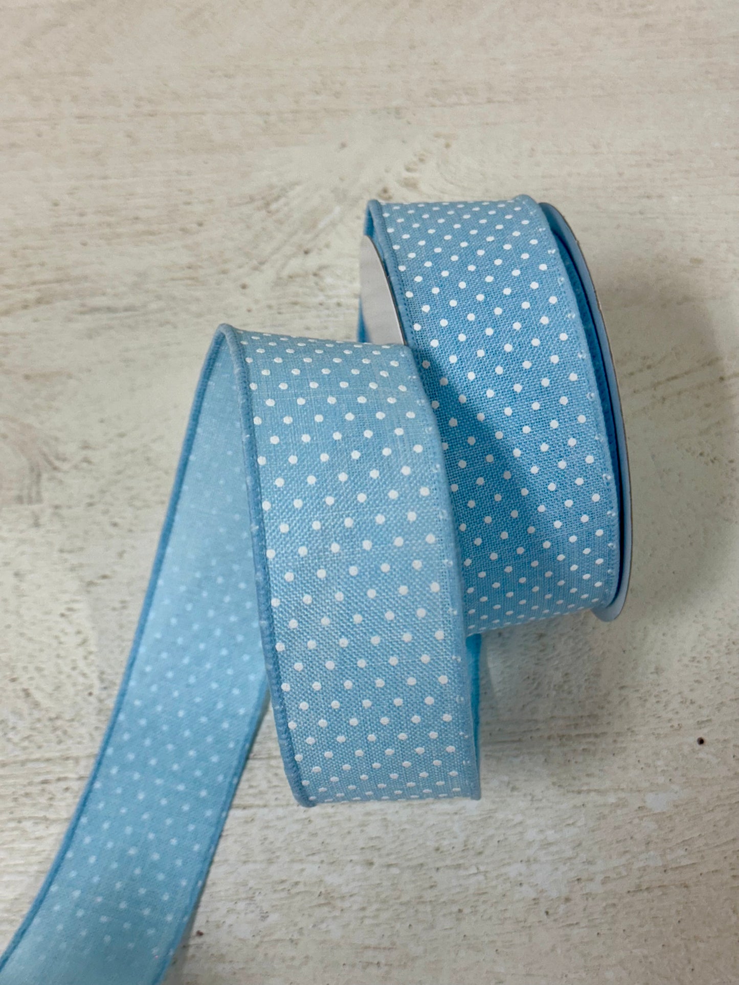 1.5 Inch By 10 Yard Pale Blue And White Raised Polka Dots Ribbon