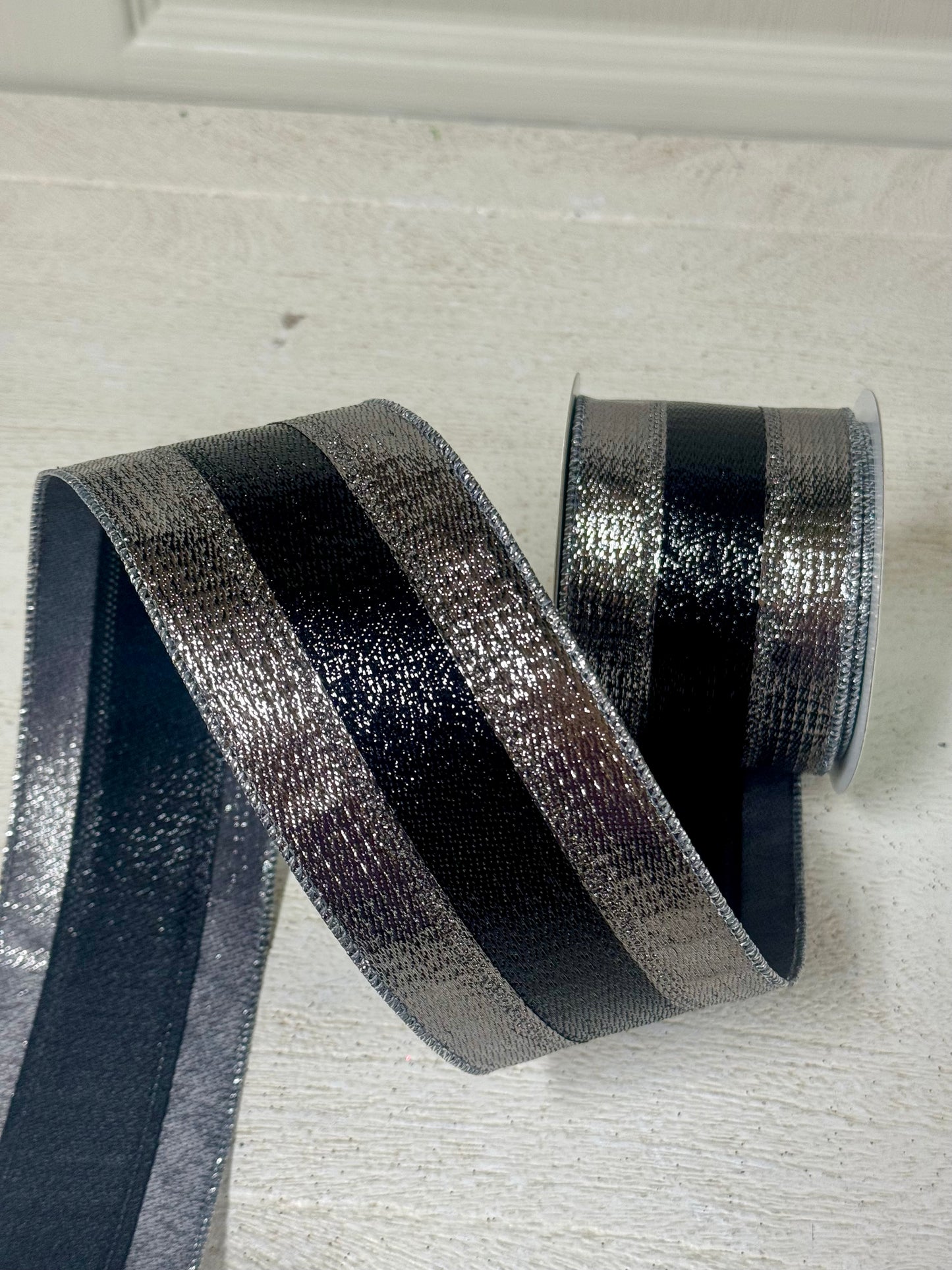 2.5 Inch By 10 Yard Black And Silver Pewter And Black Metallic Ribbon