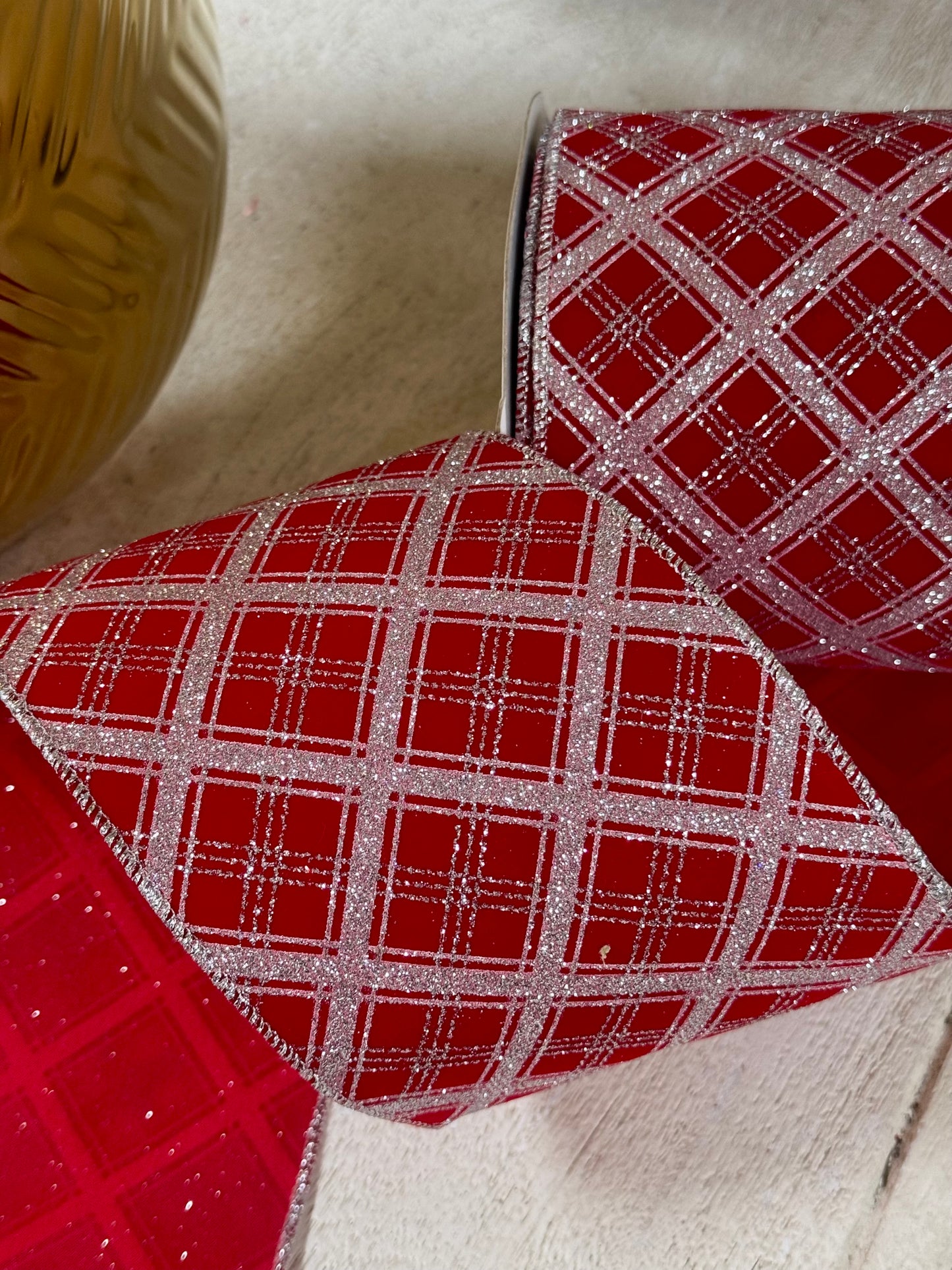 4 Inch By 10 Yard Red And Silver Lattice Glitter Velvet Ribbon
