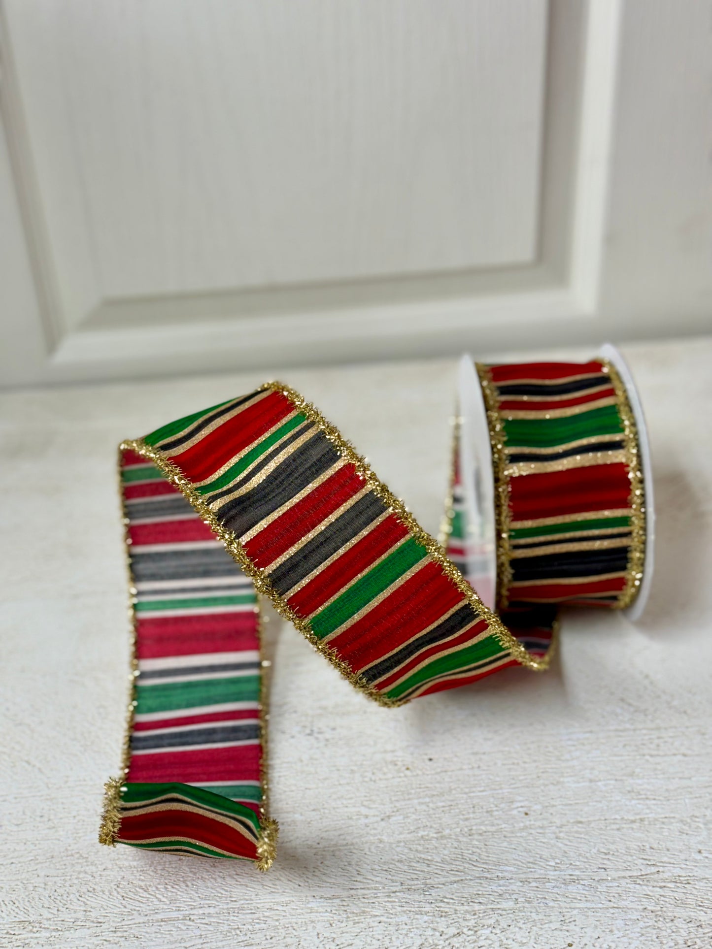 2.5 Inch By 10 Yard Red Black And Green Stripes With Gold Tinsel Ribbon