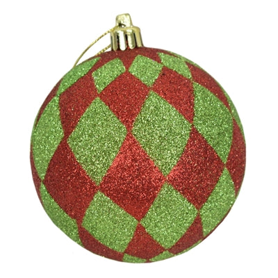 Apple Green And Red Harlequin Print Glitter Ball Ornament