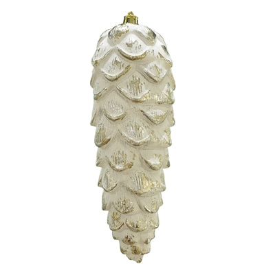 8 Inch White And Gold Plastic Pine Cone Ornament