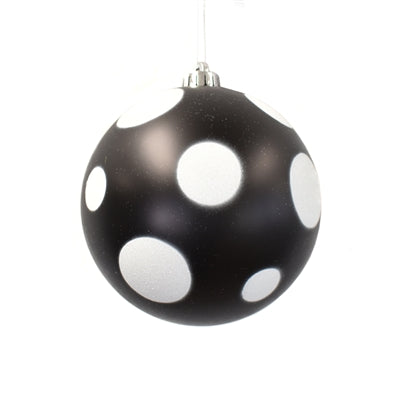 4 Inch Matte Black Ornament Ball With White Glitter Dots