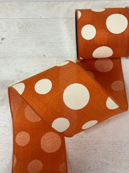 4 Inch By 10 Yard Orange And Ivory Giant Polka Dot Ribbon