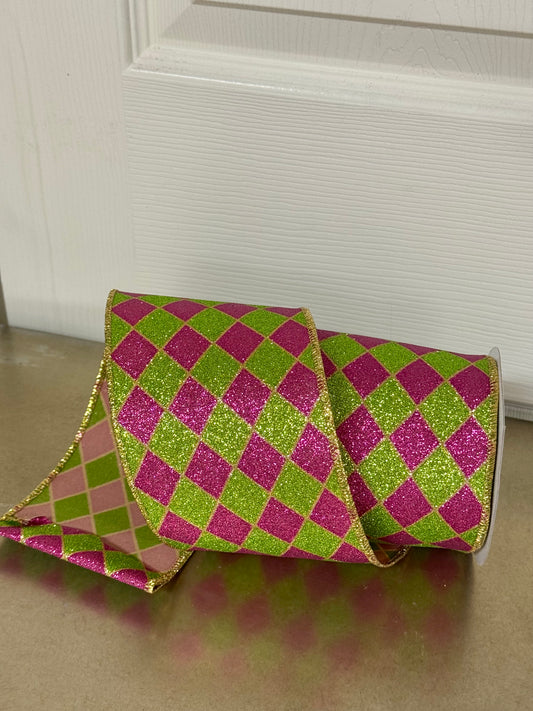 4 Inch By 10 Yard Hot Pink And Lime Glitter Harlequin Ribbon
