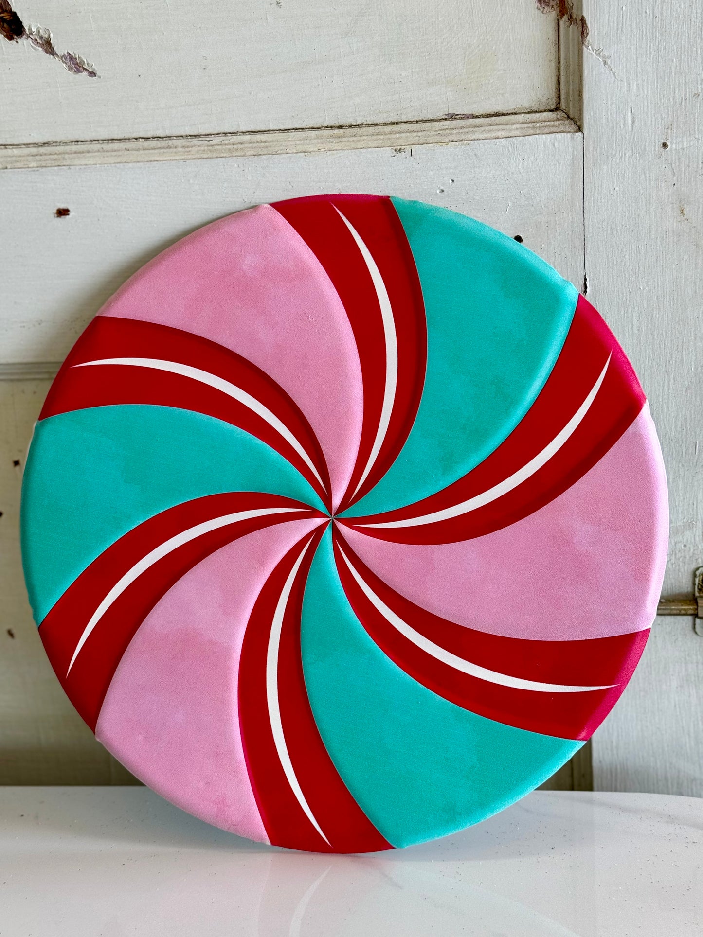 12 Inch Red Pink And Mint Metal Embossed Peppermint Sign