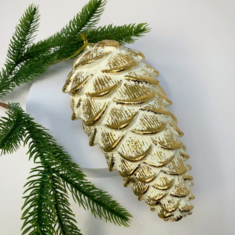 8 Inch Cream And Gold Metallic Pinecone Ornament