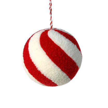 6.5 Inch Red And White Whimsical Wool Peppermint Stripe Ornament Ball