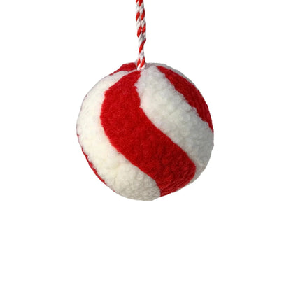 4 Inch Red And White Whimsical Wool Peppermint Stripe Ornament Ball