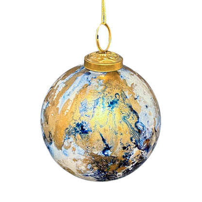 6 Inch Blue And Gold Watercolor Glass Ball Ornament