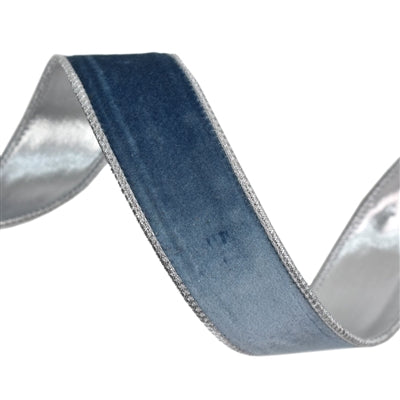 1.5 Inch By 10 Yard Bluish Gray Velvet Ribbon With Silver Satin Backing