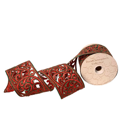 4 Inch By 10 Yard Designer Red And Emerald Scroll Ribbon