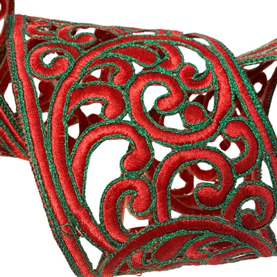 4 Inch By 10 Yard Designer Red And Emerald Scroll Ribbon