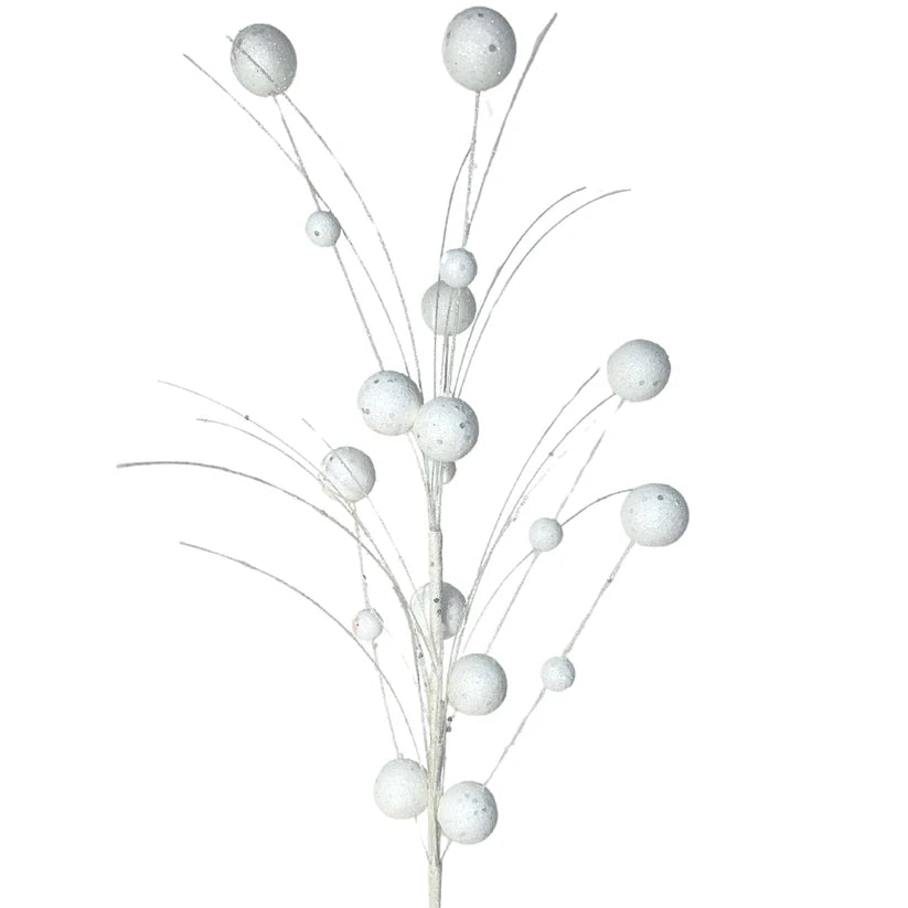 27 Inch White Mixed Size Glittered Ball Spray