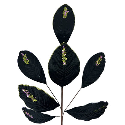 26 Inch Black Velvet Sequin Magnolia Leaf Spray