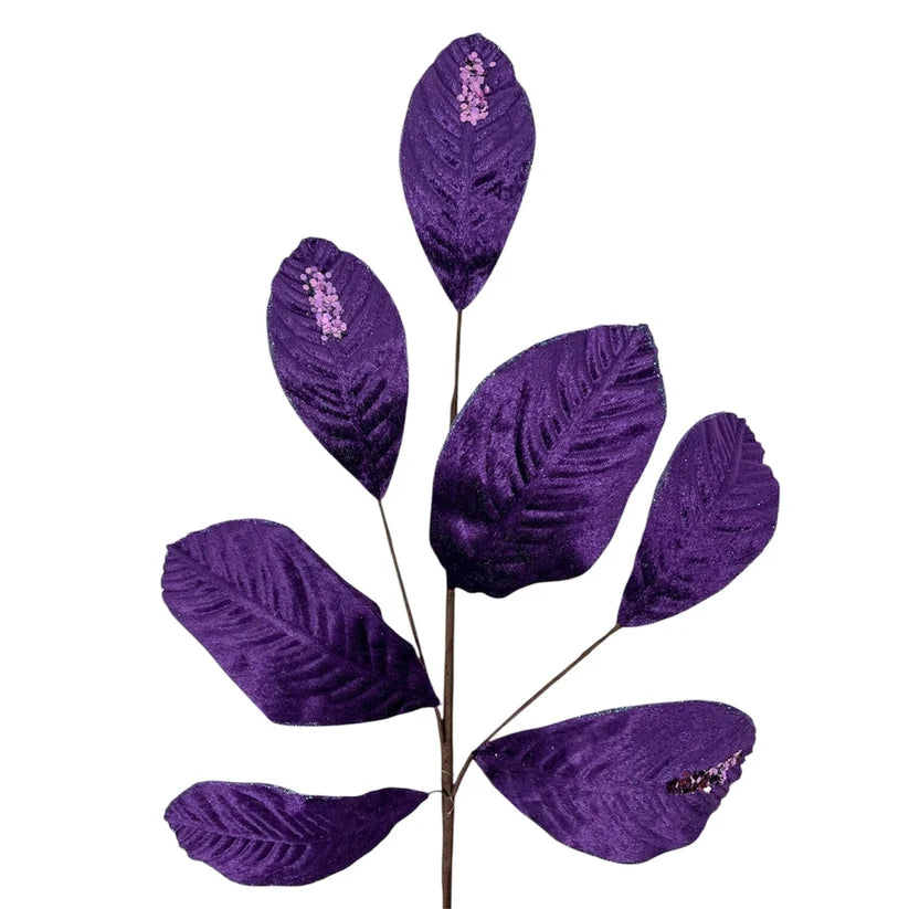 26 Inch Purple Velvet Sequin Magnolia Leaf Spray