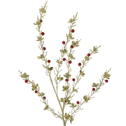 45 Inch Gold Glittered Wild Flower Spray With Red Glitter Berries