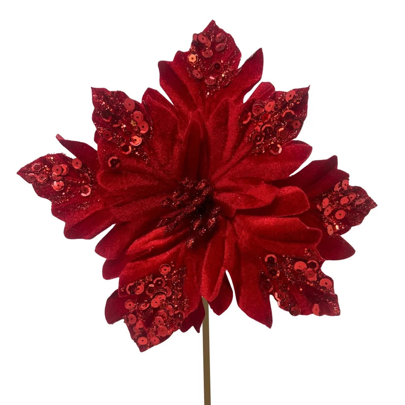 9 Inch Wavy Cut Velvet Poinsettia Leaf Stem