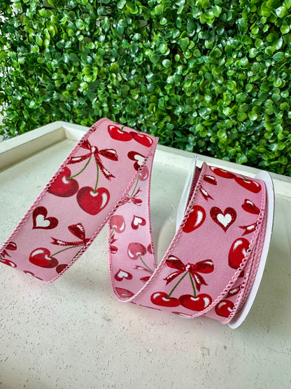 1.5 Inch By 10 Yard Pink Red Cherry Heart Ribbon