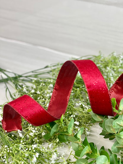 1.5 Inch By 10 Yard Red Velvet With Glitter Details And Satin Backing Ribbon