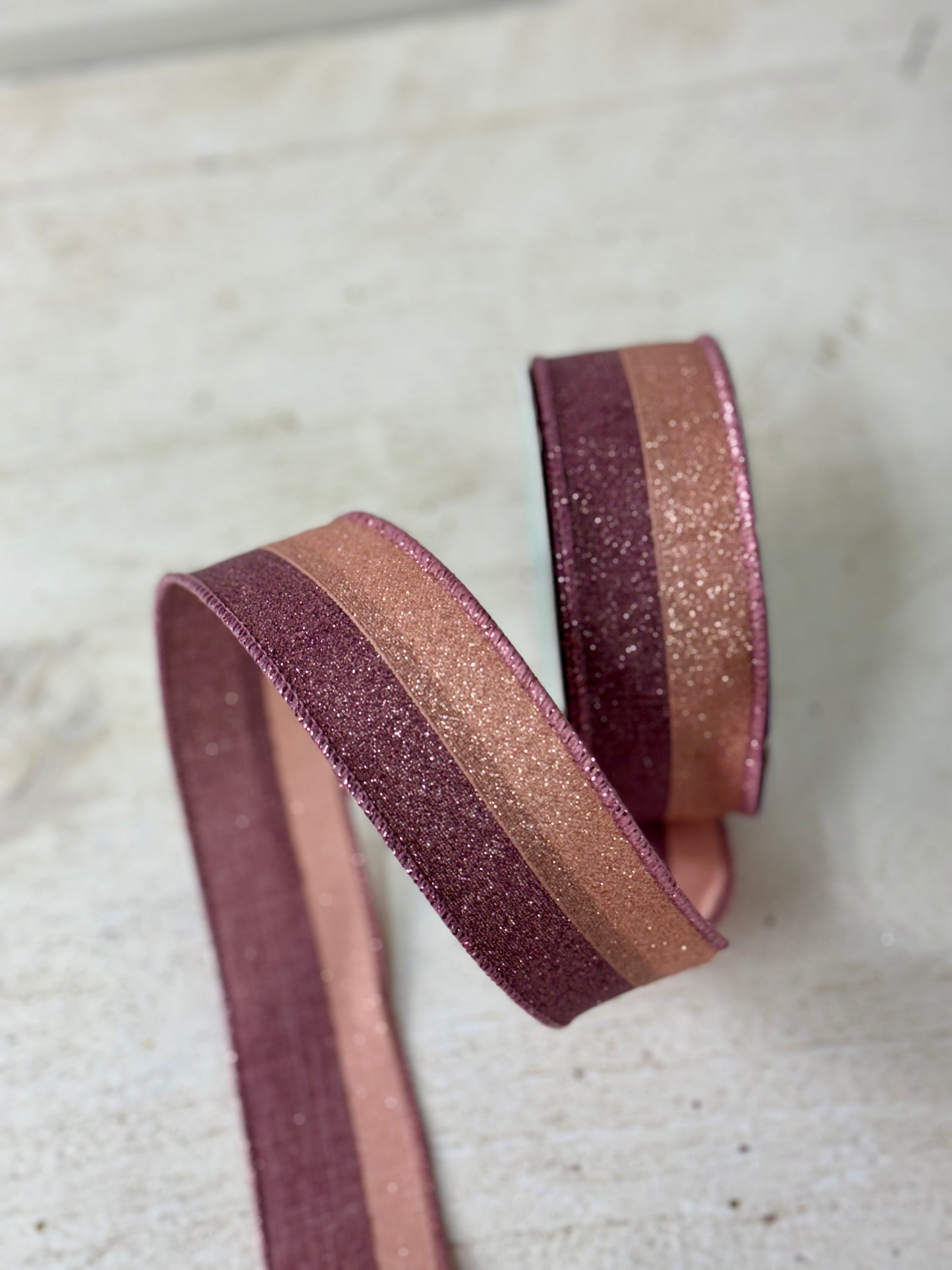 1.5 Inch By 10 Yard Rose Gold And Mulberry Glitter Striped Ribbon