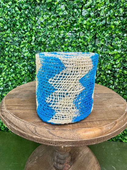 4 Inch By 5 Yards Designer Chevron Jute Natural with Blue Pattern Ribbon