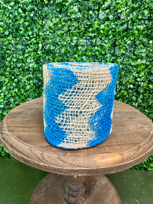 4 Inch By 5 Yards Designer Chevron Jute Natural with Blue Pattern Ribbon