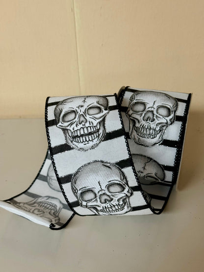 2.5 Inch By 10 Yard Black And White Skull Head Ribbon