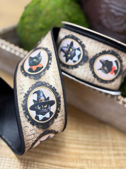 2.5 Inch By 10 Yard Black And Grey Vintage Black Cat Fused Ribbon