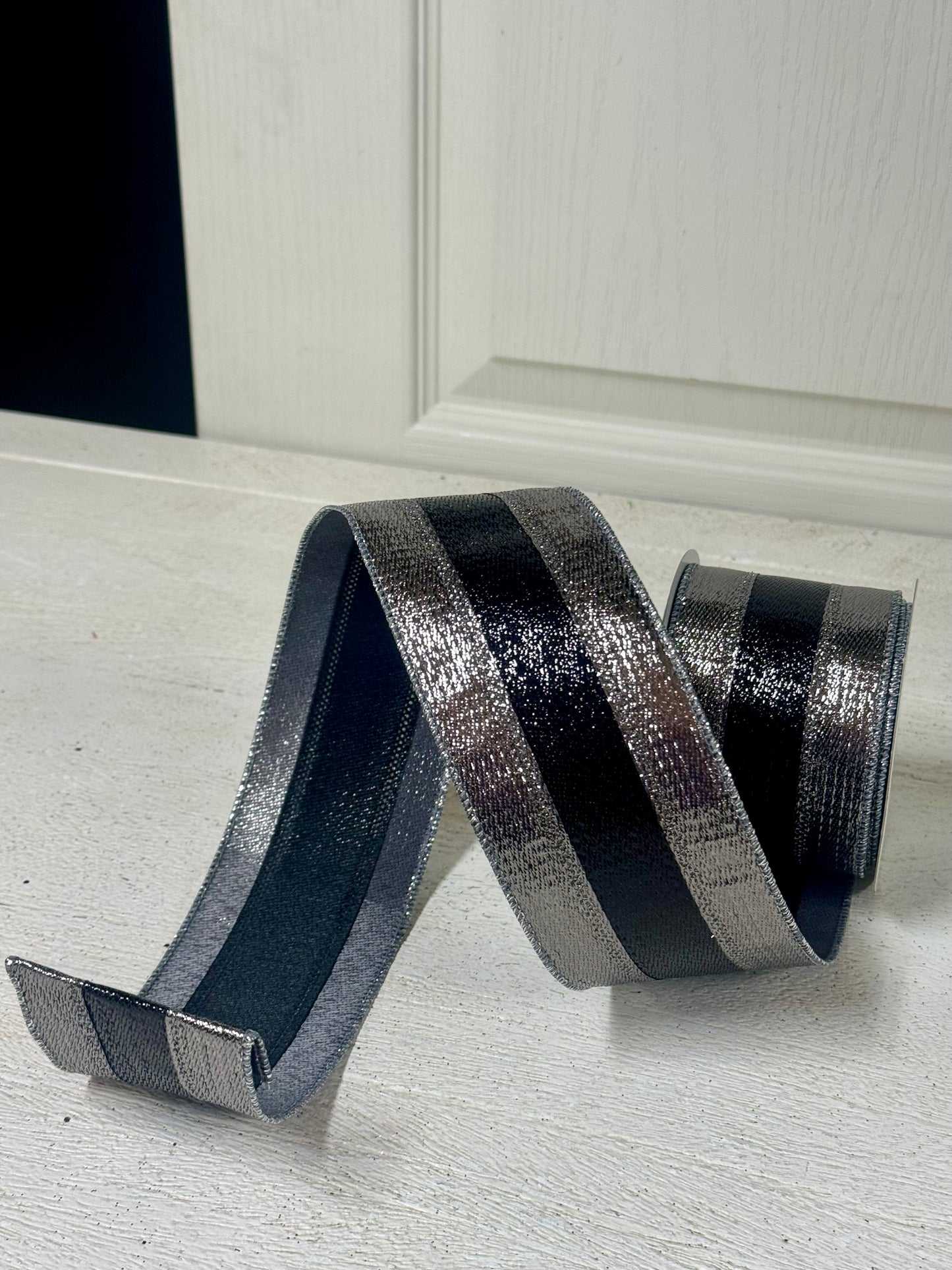 2.5 Inch By 10 Yard Black And Silver Pewter And Black Metallic Ribbon