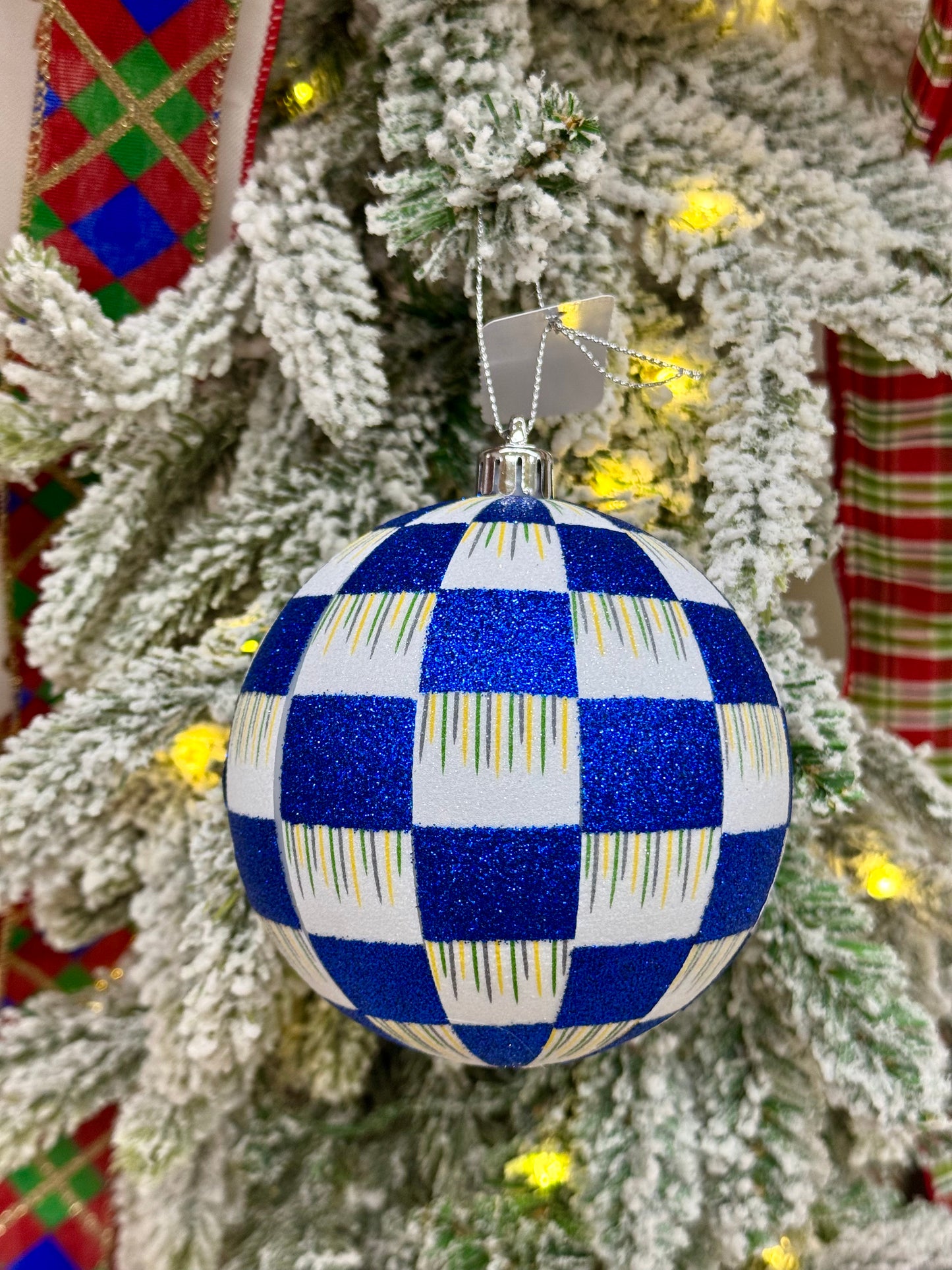 4 Inch Blue And White Glitter Check Ornament
