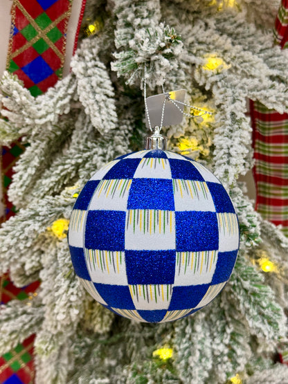 4 Inch Blue And White Glitter Check Ornament