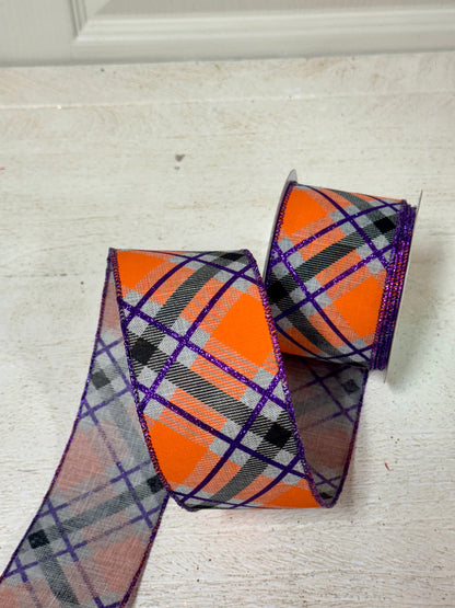 2.5 Inch By 10 Yard Light Grey Purple Orange Diagonal Plaid Ribbon