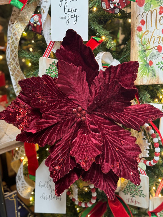 19 Inch Burgundy Velvet Poinsettia Stem