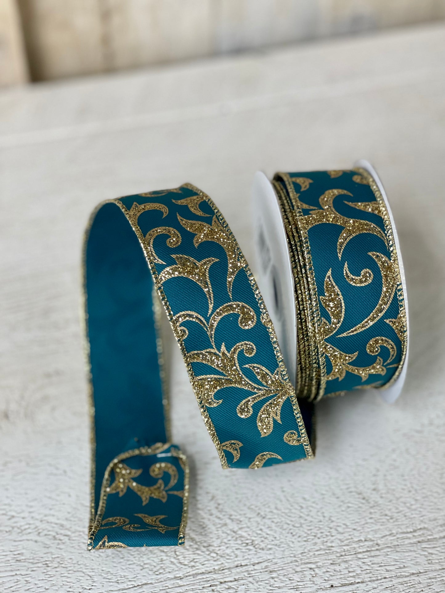 1.5 Inch By 10 Yard Dark Teal With Gold Acanthus Leaf Ribbon