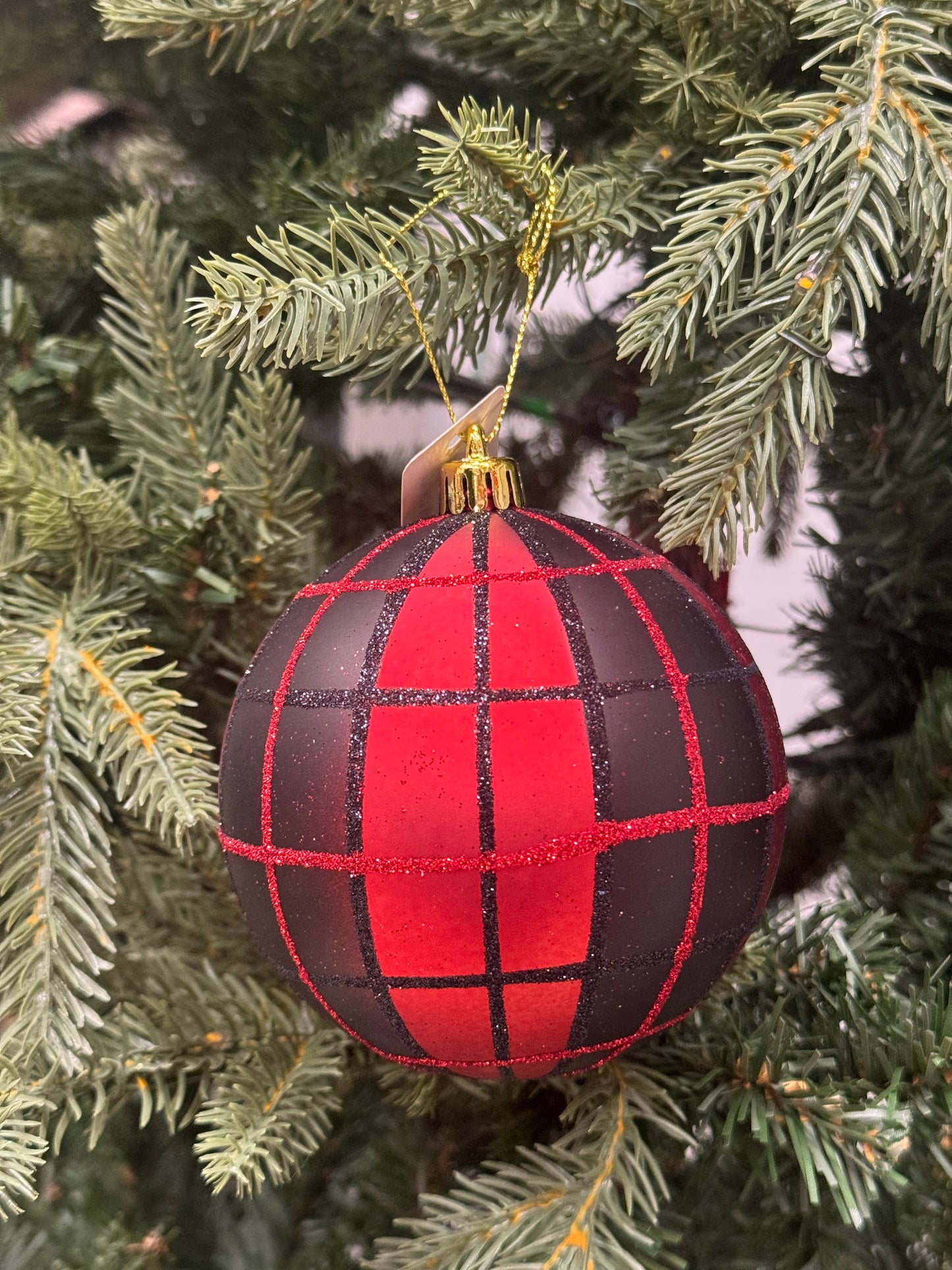 4 Inch Red And Black Plaid Ornament Ball