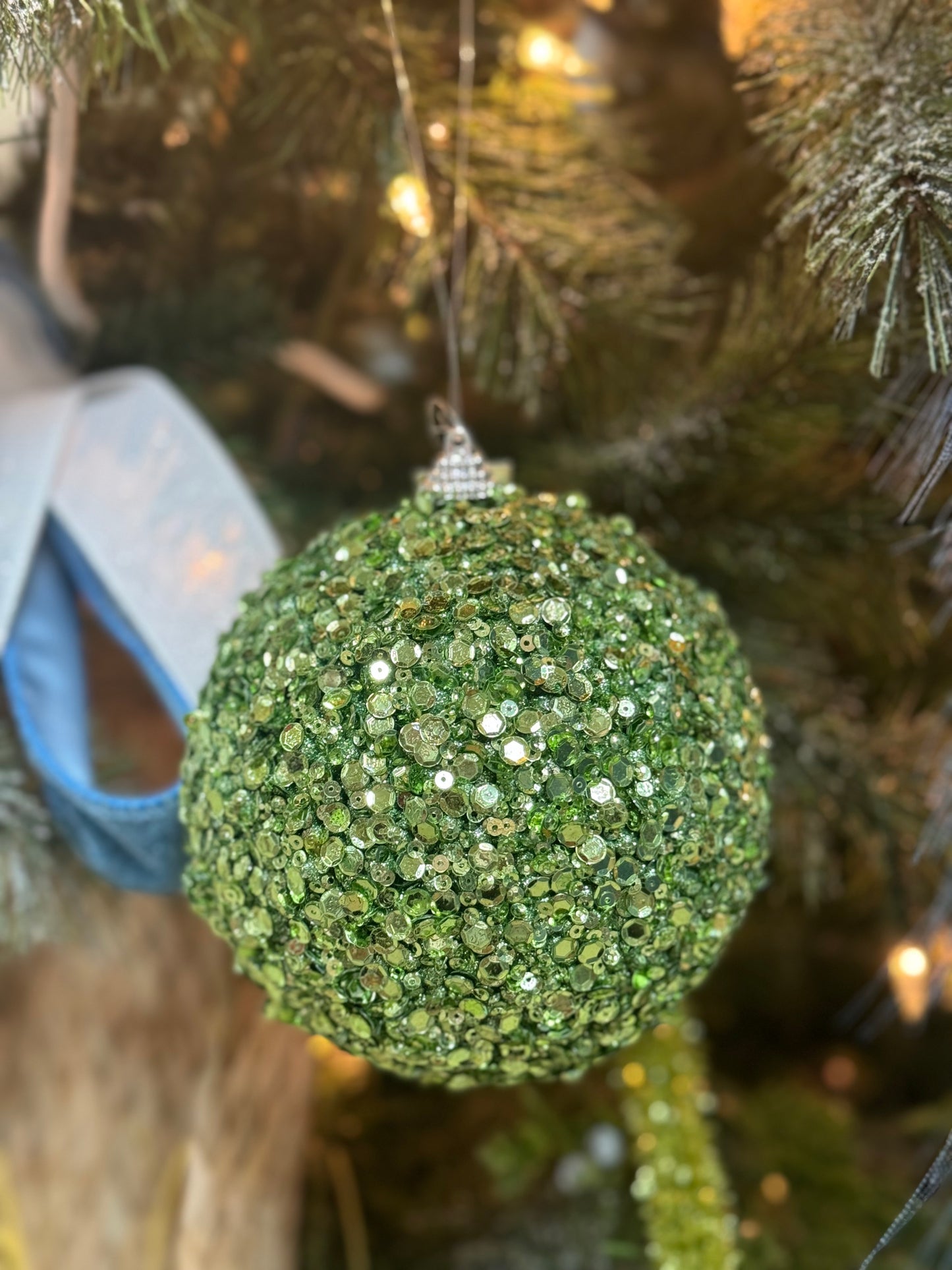 4.75 Inch Soft Green Glitter Sequin Ornament Ball