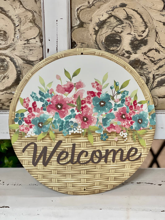 Welcome Flower Basket Metal Sign