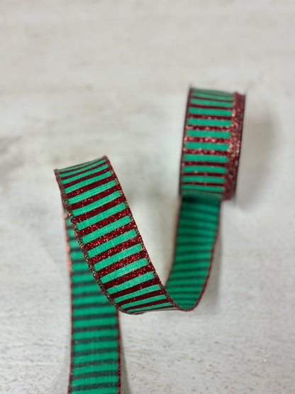 1.5 Inch By 10 Yard Jade And Red Glitter Stripe Ribbon