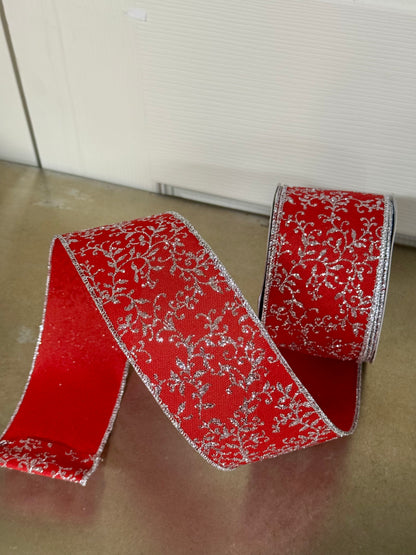 2.5 Inch By 10 Yard Red And Silver Glitter Mini Leaf Vines Ribbon