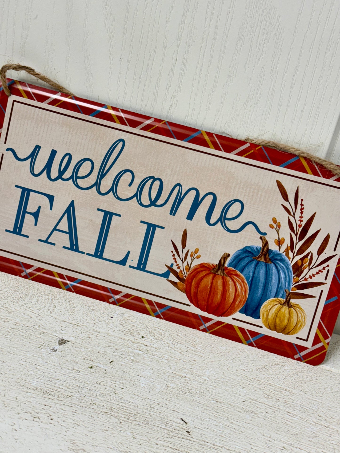 12 Inch Cream Blue Orange Welcome Fall Tin Sign