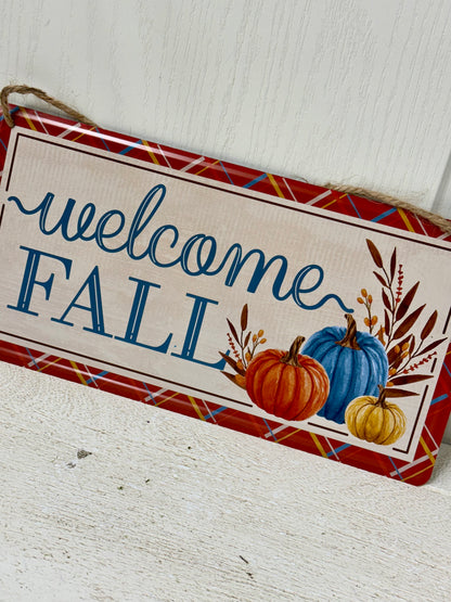 12 Inch Cream Blue Orange Welcome Fall Tin Sign