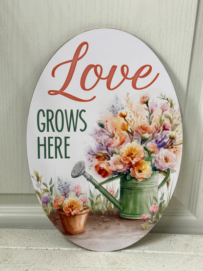13 Inch Love Grows Here Floral Wreath Sign
