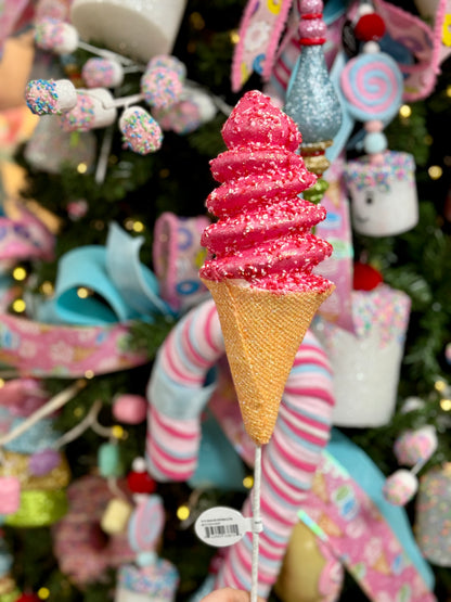 Red And Pink Ice Cream Cone With Sprinkles Stem