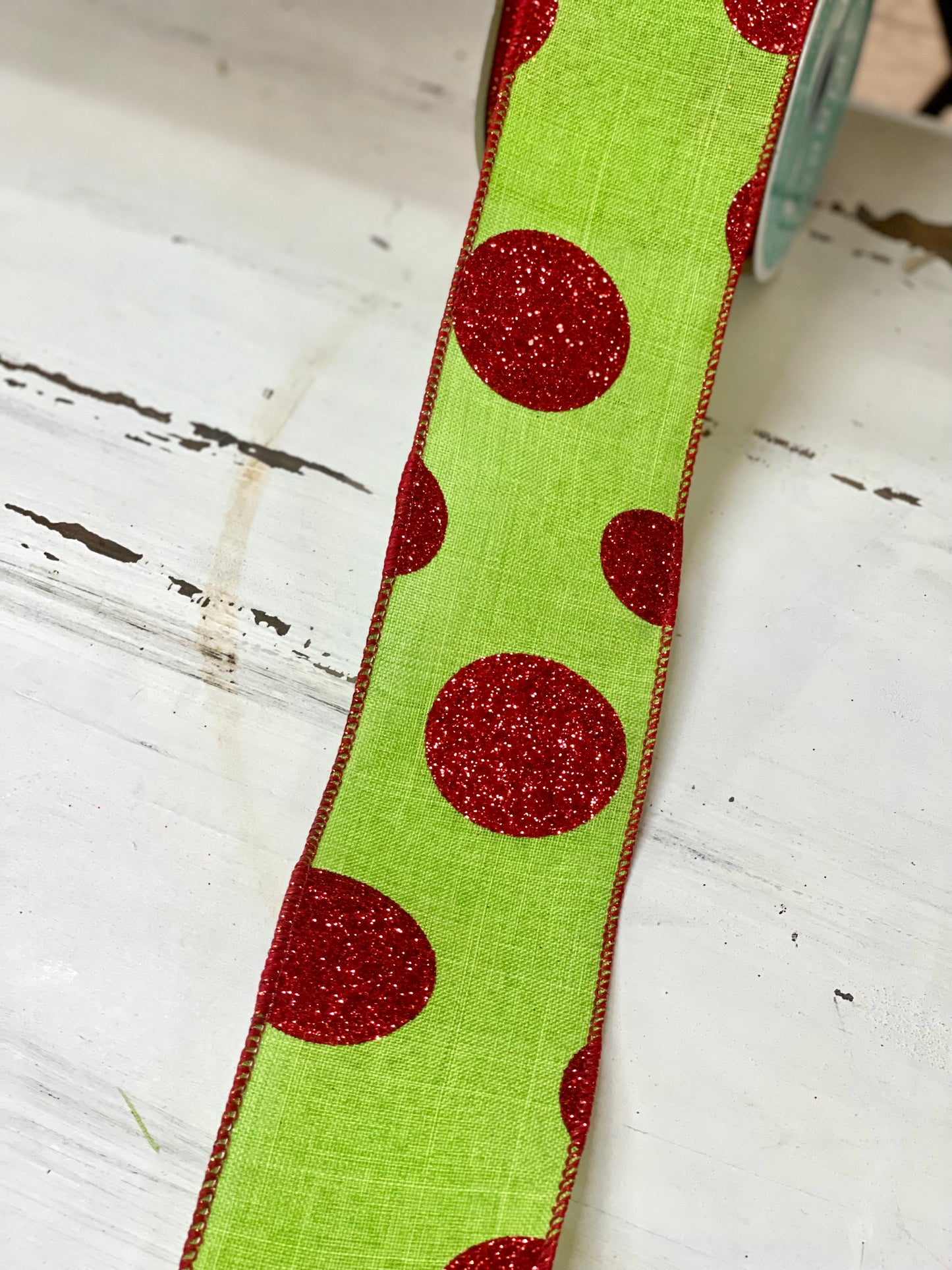 2.5 Inch By 10 Yard Lime Background With Red Glitter Polka Dot Ribbon