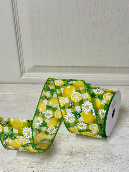 2.5 Inch By 10 Yard Green And Yellow Lemons Daisies And Bees Ribbon